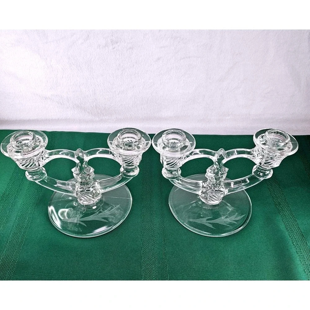 Pair Vintage Etched Glass Taper Candle Holders Double Arm Candelabra Crystal‎